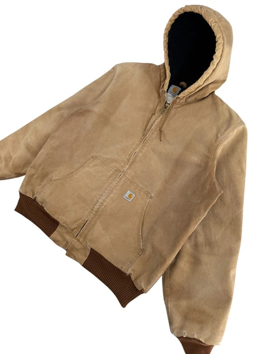 Vintage Carhartt J140 Duck Active Jacket Tan Brown Hooded Workwear Size L/XL