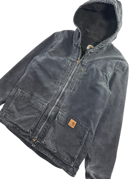 Vintage Carhartt C95-BLK Sherpa Lined Jacket Mens Medium Hooded Chore Coat Faded