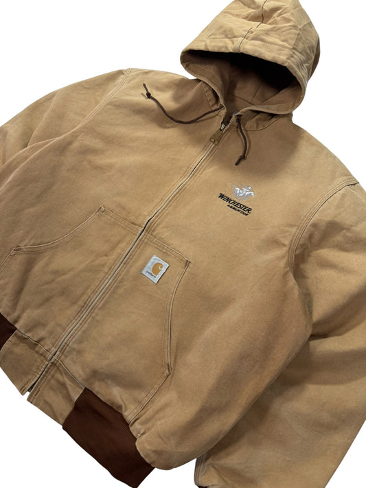 Vintage Carhartt J06 Winchester Promo Hooded Duck Canvas Thermal Active Jacket - Made in USA - XL