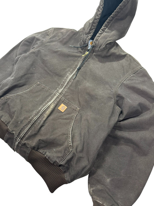 Vintage Carhartt J130 DKB Dark Brown Hooded Quilted Active Jacket - L