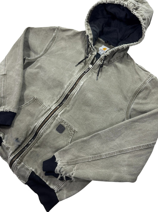 VTG Distressed Faded Carhartt J360 ARG Green Canvas Hooded Jacket Mesh Lined - M
