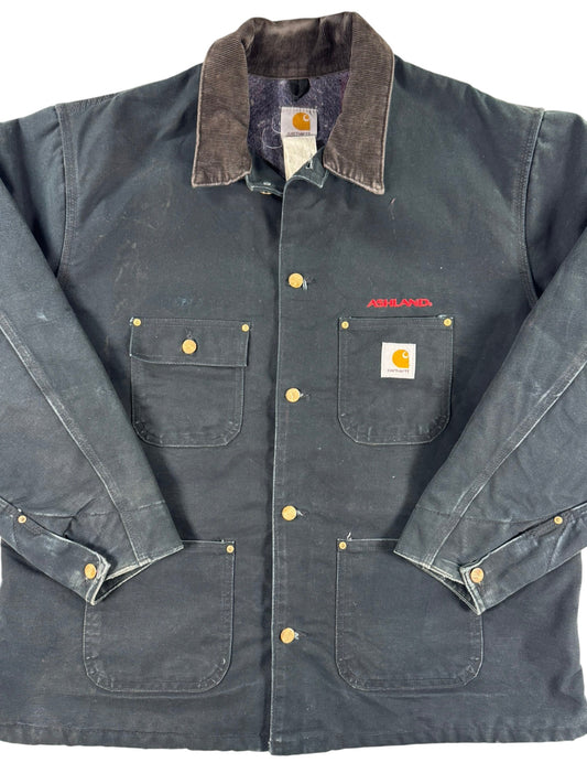 Vintage Carhartt C01 Chore Coat Blanket Lined Black USA Work Jacket Men's Size L
