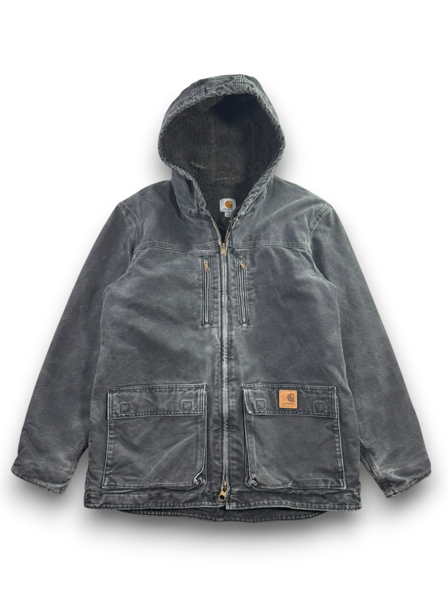 Vintage Carhartt C95-BLK Sherpa Lined Jacket Mens Medium Hooded Chore Coat Faded