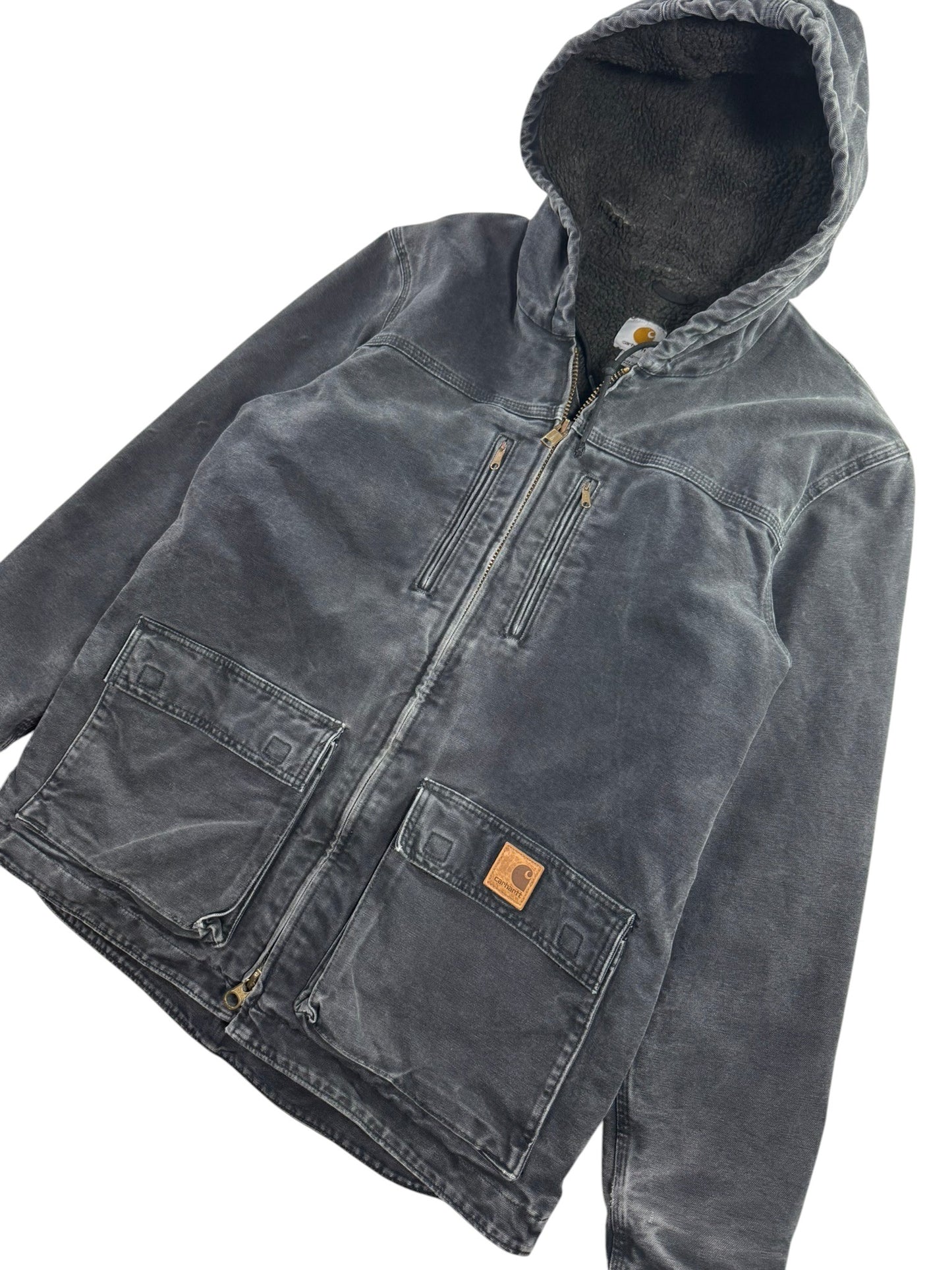 Vintage Carhartt C95-BLK Sherpa Lined Jacket Mens Medium Hooded Chore Coat Faded