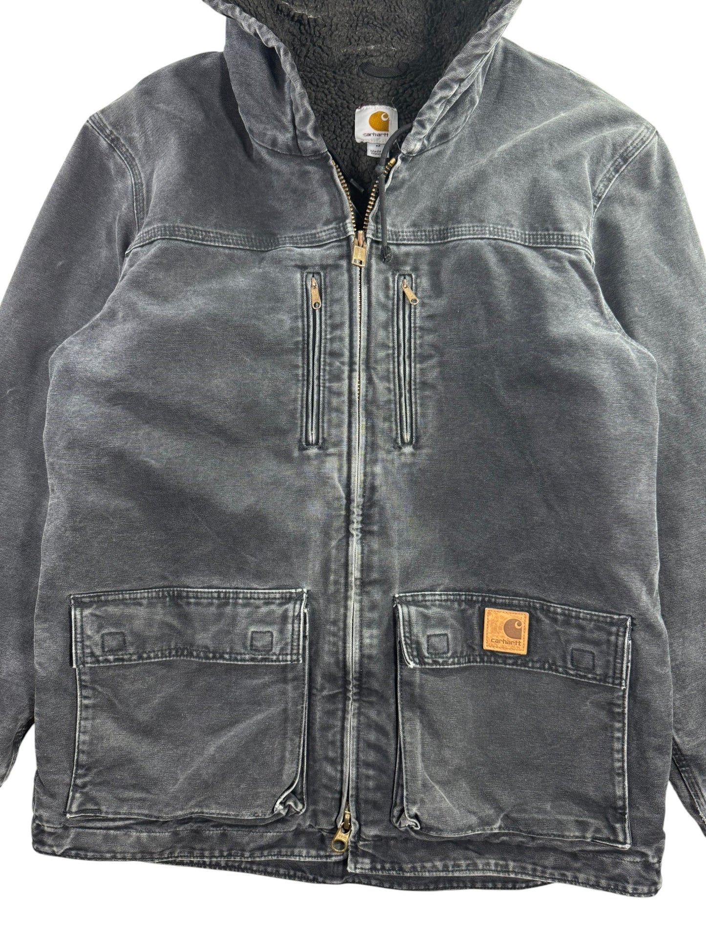 Vintage Carhartt C95-BLK Sherpa Lined Jacket Mens Medium Hooded Chore Coat Faded