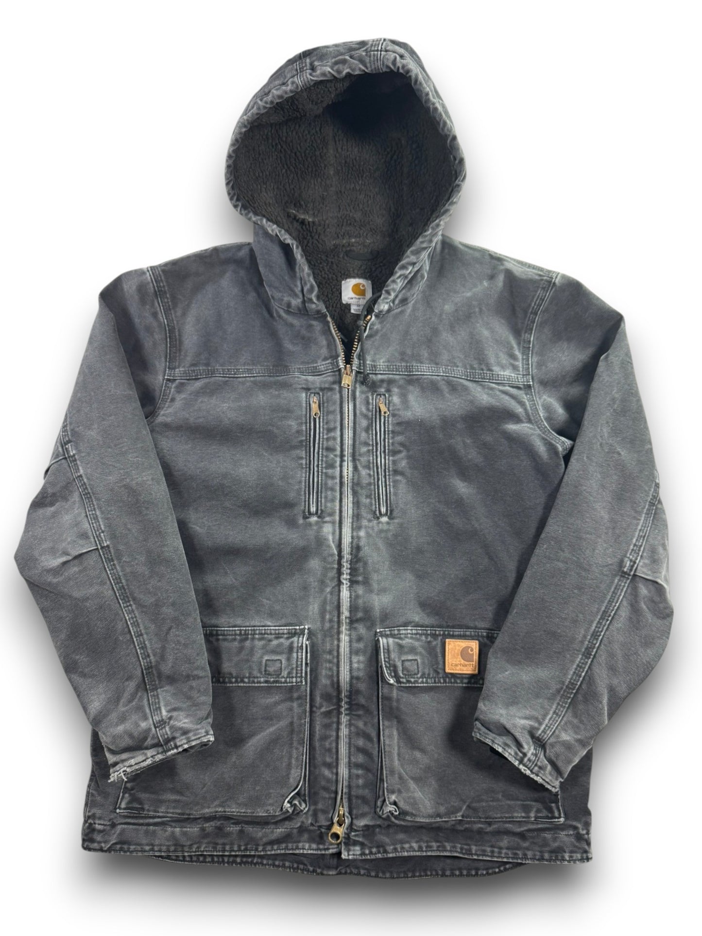 Vintage Carhartt C95-BLK Sherpa Lined Jacket Mens Medium Hooded Chore Coat Faded