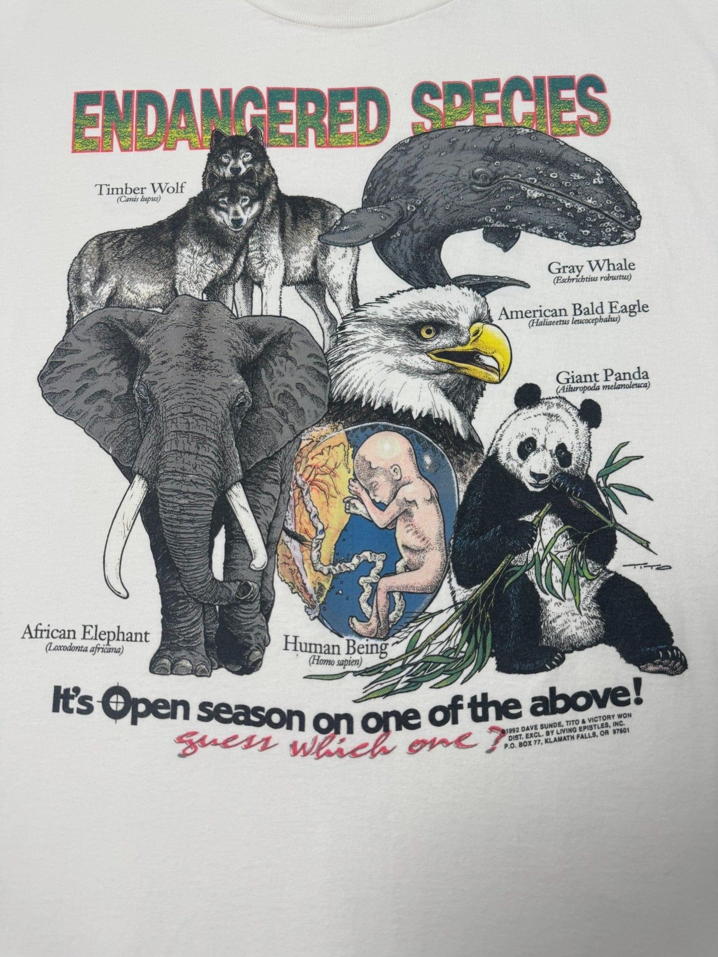 RARE 1992 Jesus Living Epistles - Endangered Species Anti-Abortion Jesus Tee (XL)