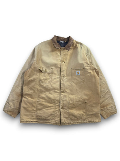 VTG Carhartt Blanket Lined Barn Jacket Chore Union Made Tan Sz 50 XXL Distressed