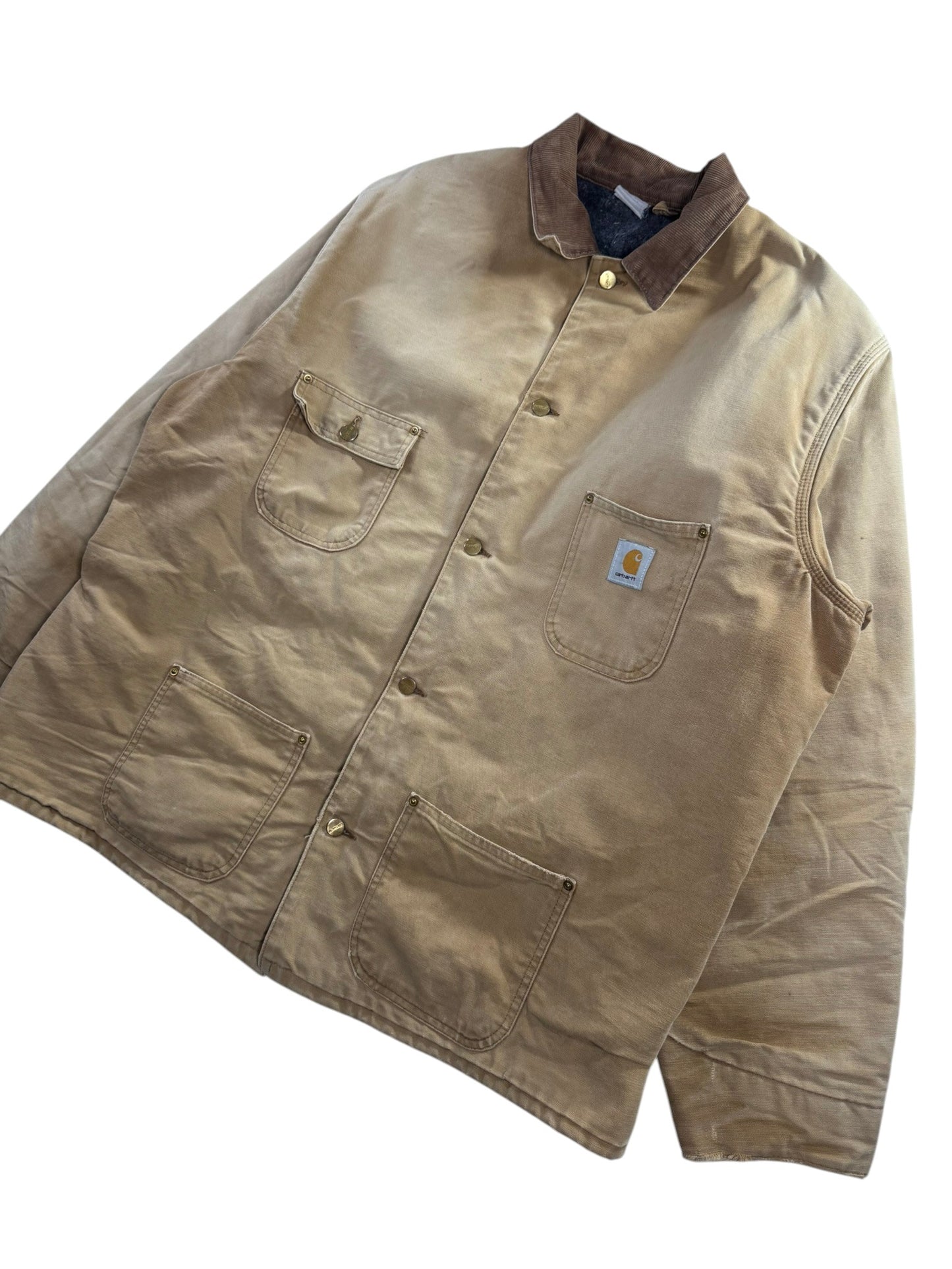 VTG Carhartt Blanket Lined Barn Jacket Chore Union Made Tan Sz 50 XXL Distressed