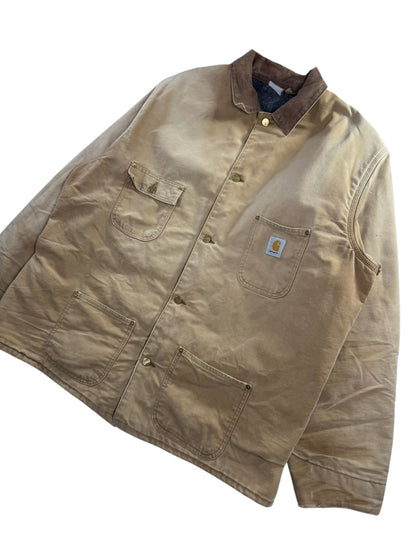 VTG Carhartt Blanket Lined Barn Jacket Chore Union Made Tan Sz 50 XXL Distressed