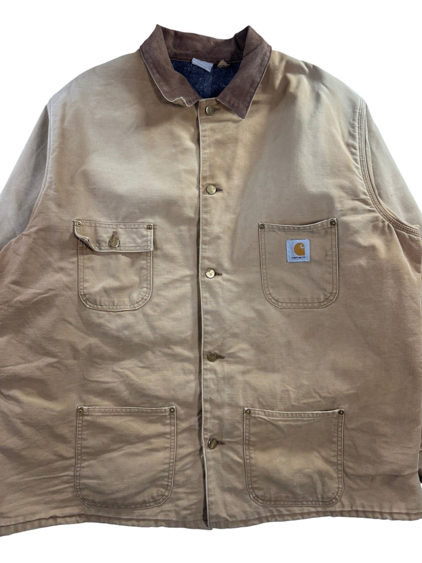 VTG Carhartt Blanket Lined Barn Jacket Chore Union Made Tan Sz 50 XXL Distressed