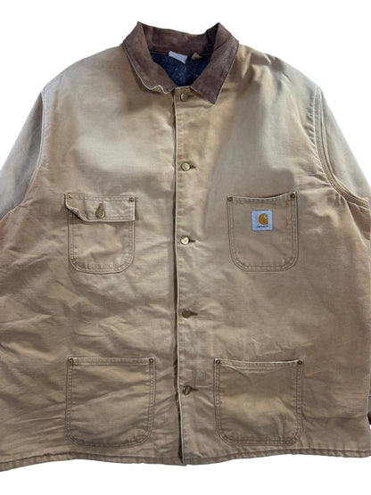 VTG Carhartt Blanket Lined Barn Jacket Chore Union Made Tan Sz 50 XXL Distressed