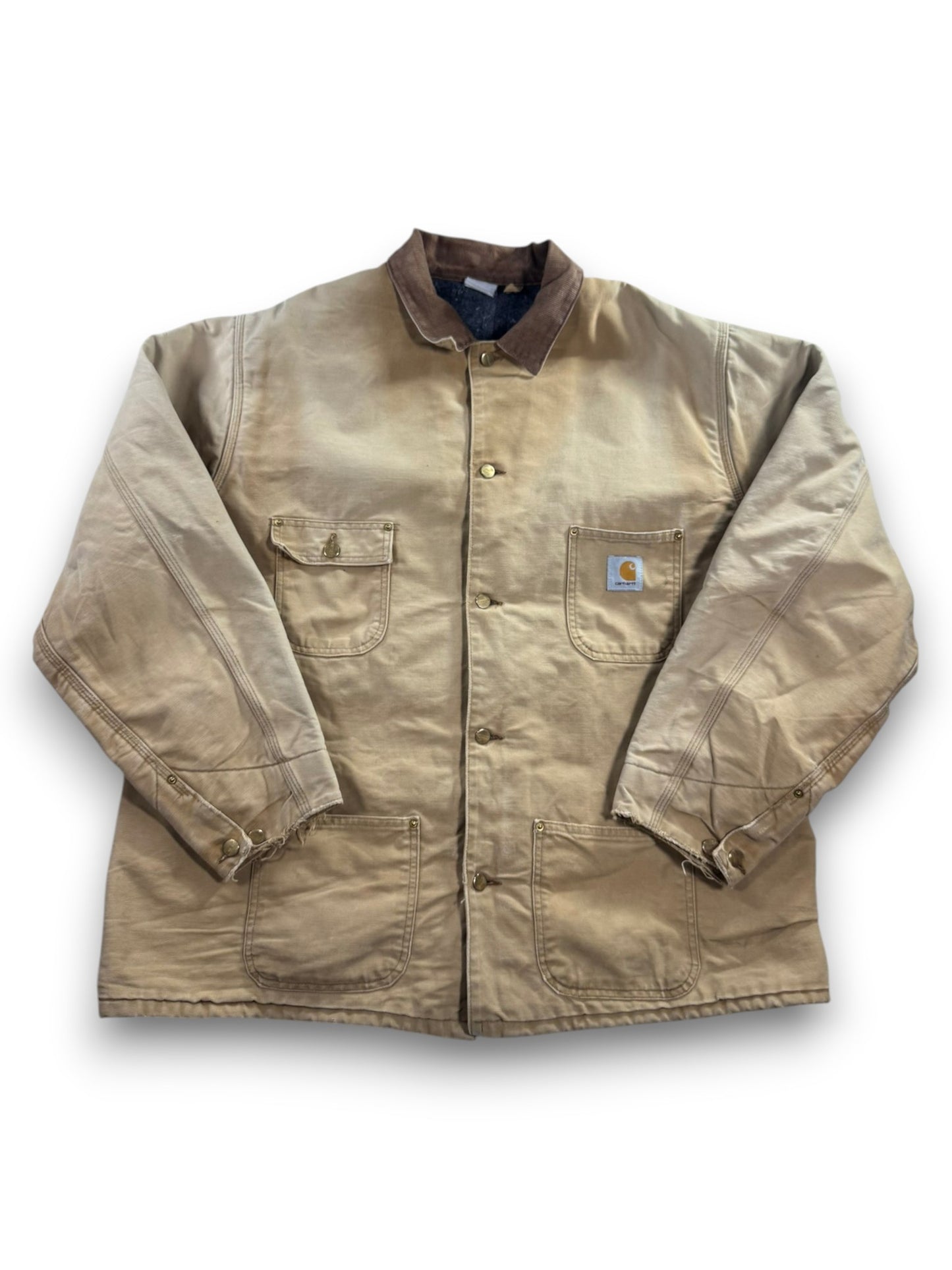 VTG Carhartt Blanket Lined Barn Jacket Chore Union Made Tan Sz 50 XXL Distressed