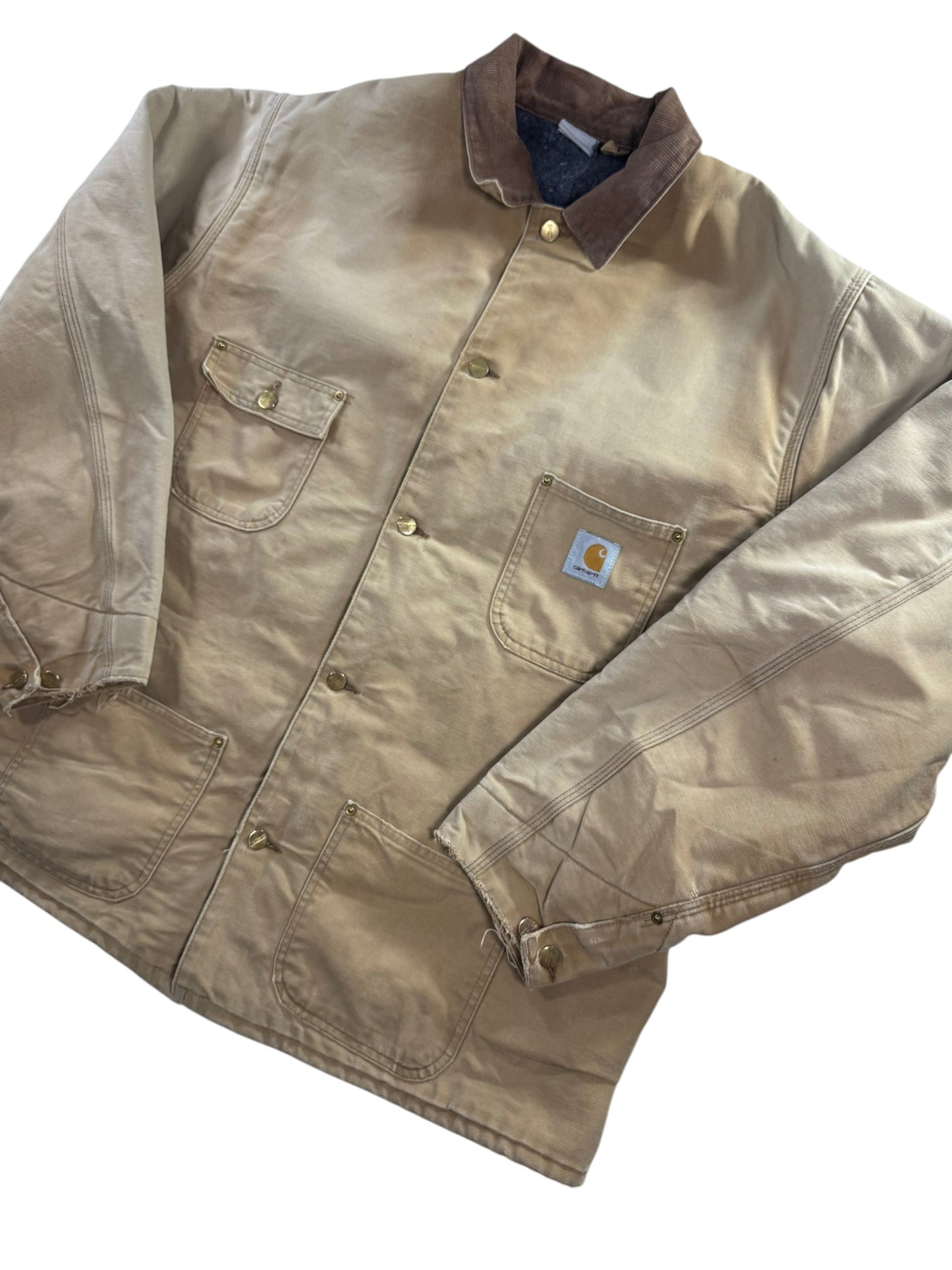 VTG Carhartt Blanket Lined Barn Jacket Chore Union Made Tan Sz 50 XXL Distressed