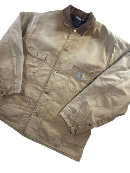 VTG Carhartt Blanket Lined Barn Jacket Chore Union Made Tan Sz 50 XXL Distressed