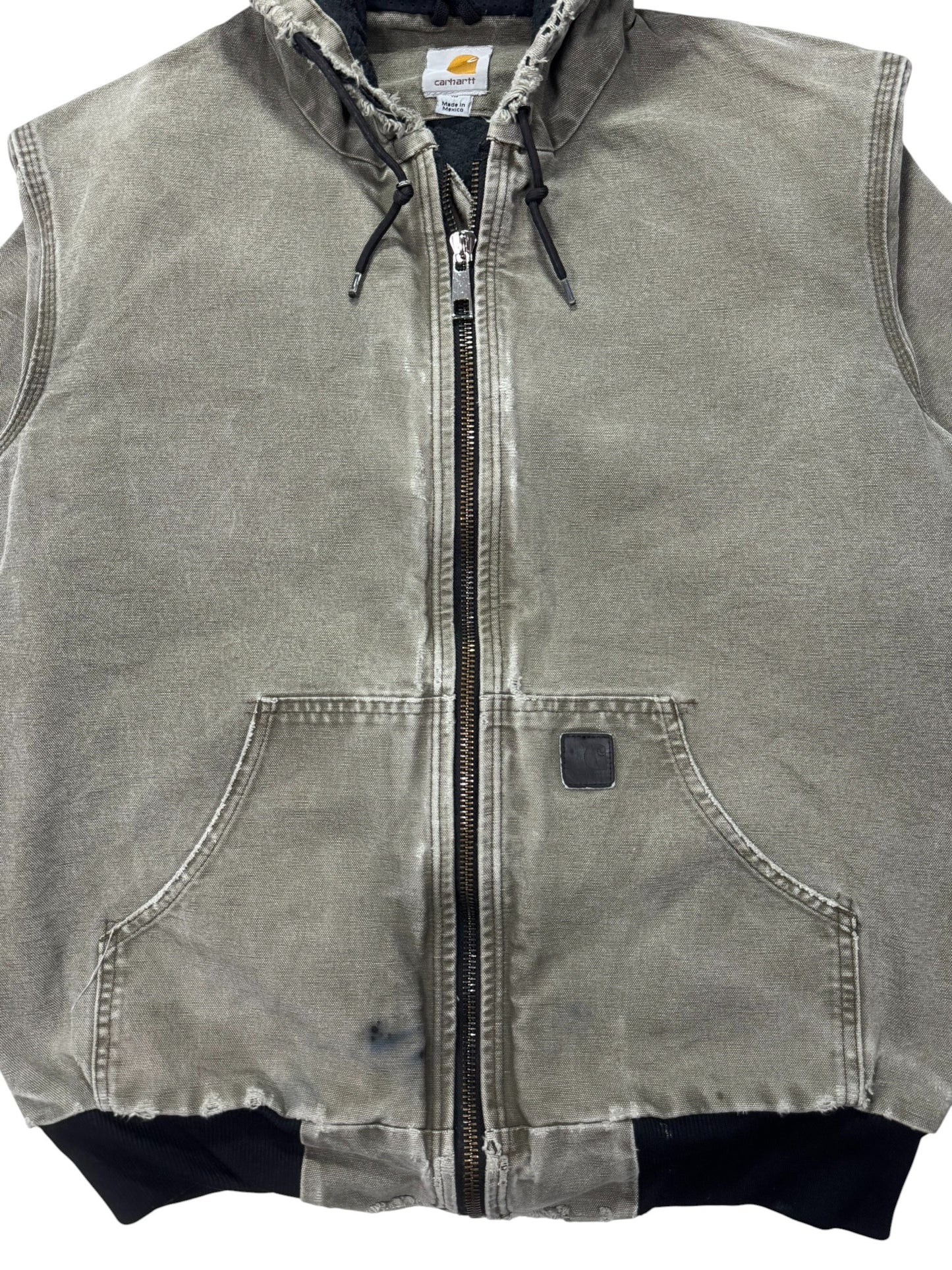 VTG Distressed Faded Carhartt J360 ARG Green Canvas Hooded Jacket Mesh Lined - M