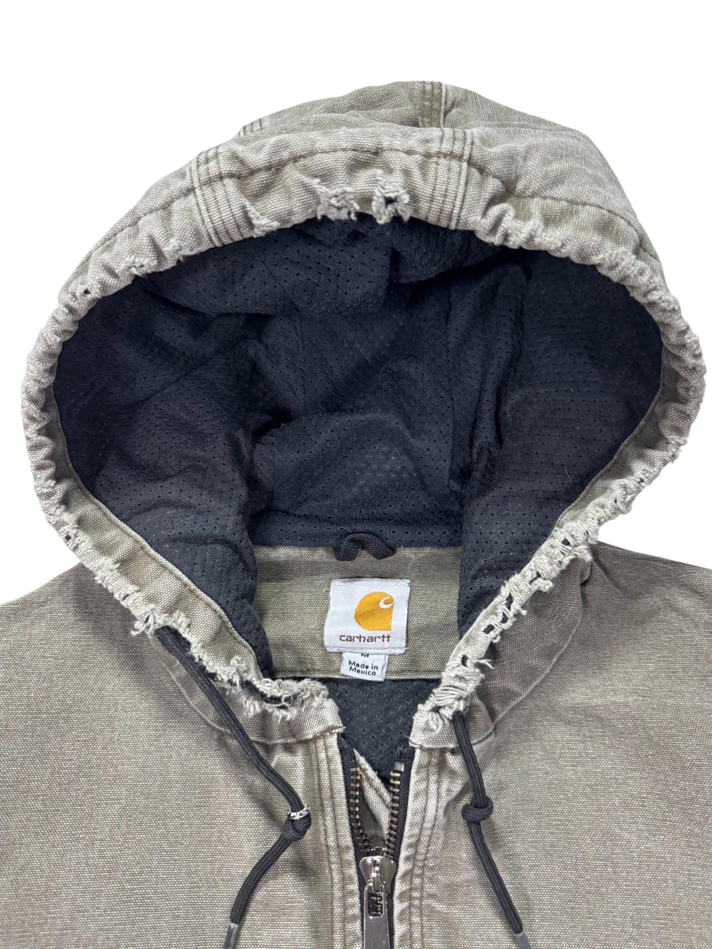 VTG Distressed Faded Carhartt J360 ARG Green Canvas Hooded Jacket Mesh Lined - M