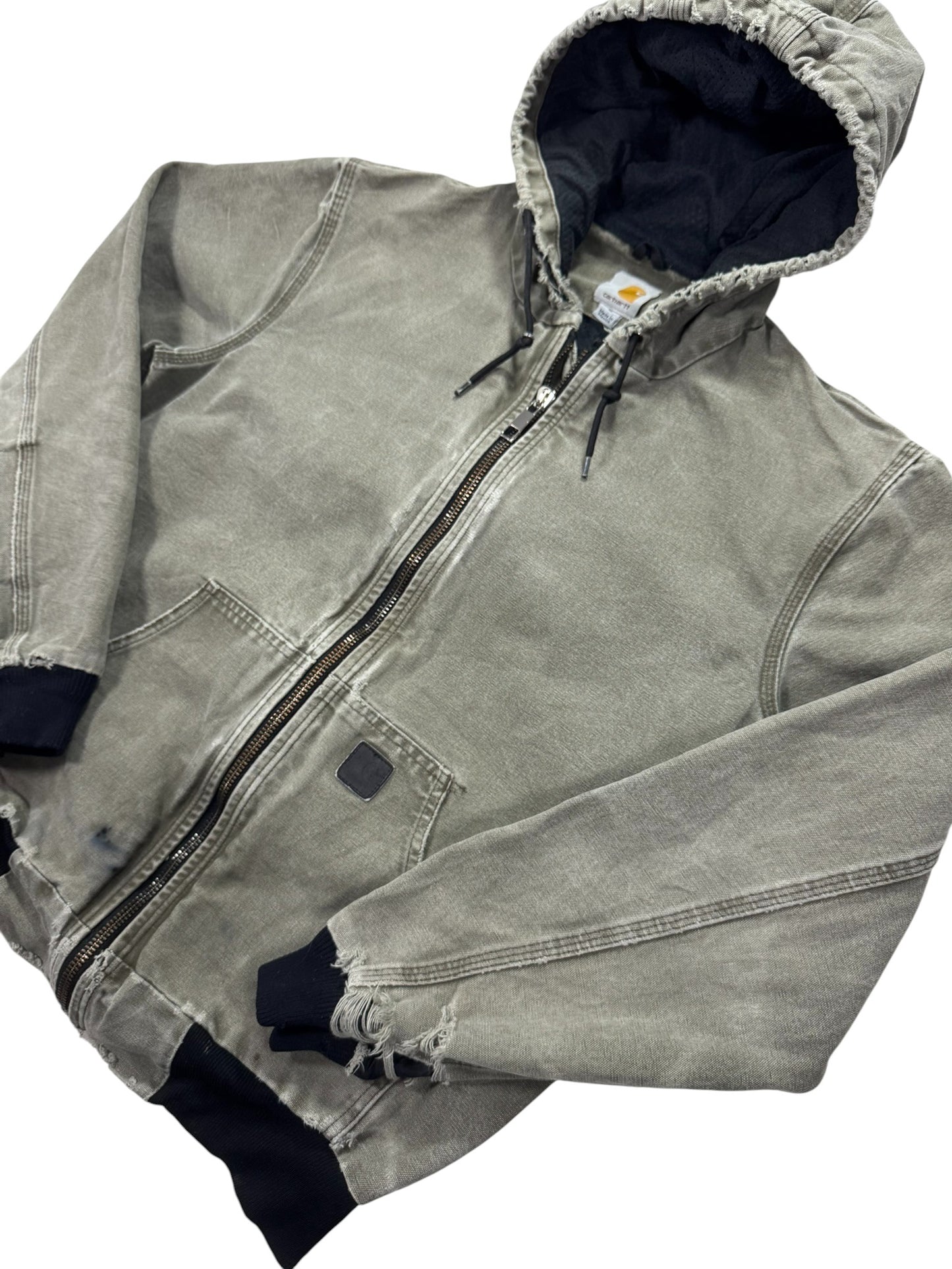 VTG Distressed Faded Carhartt J360 ARG Green Canvas Hooded Jacket Mesh Lined - M