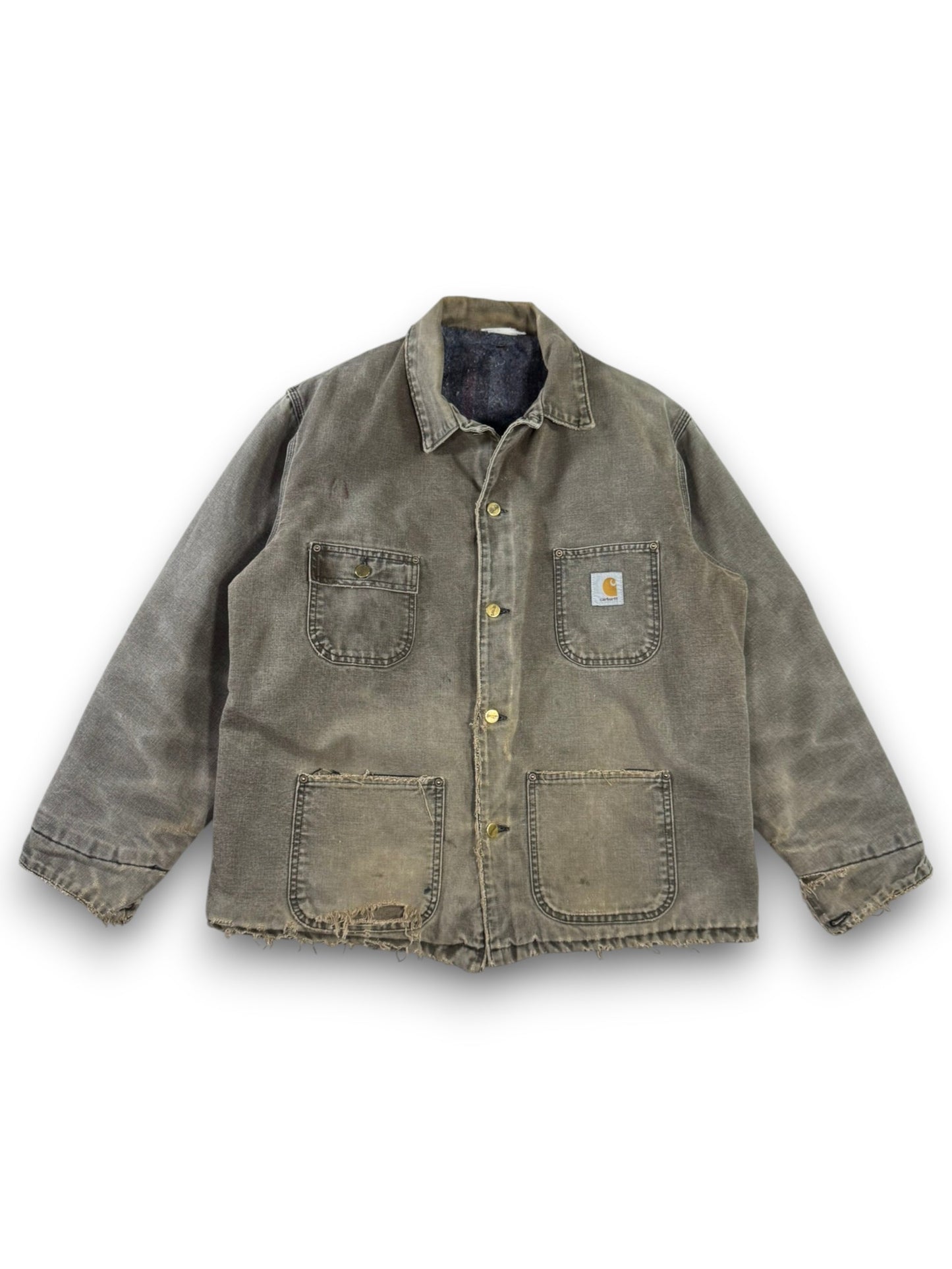Vintage Carhartt C02CHT Faded Brown Canvas Blanket Lined Distressed Chore Coat XL