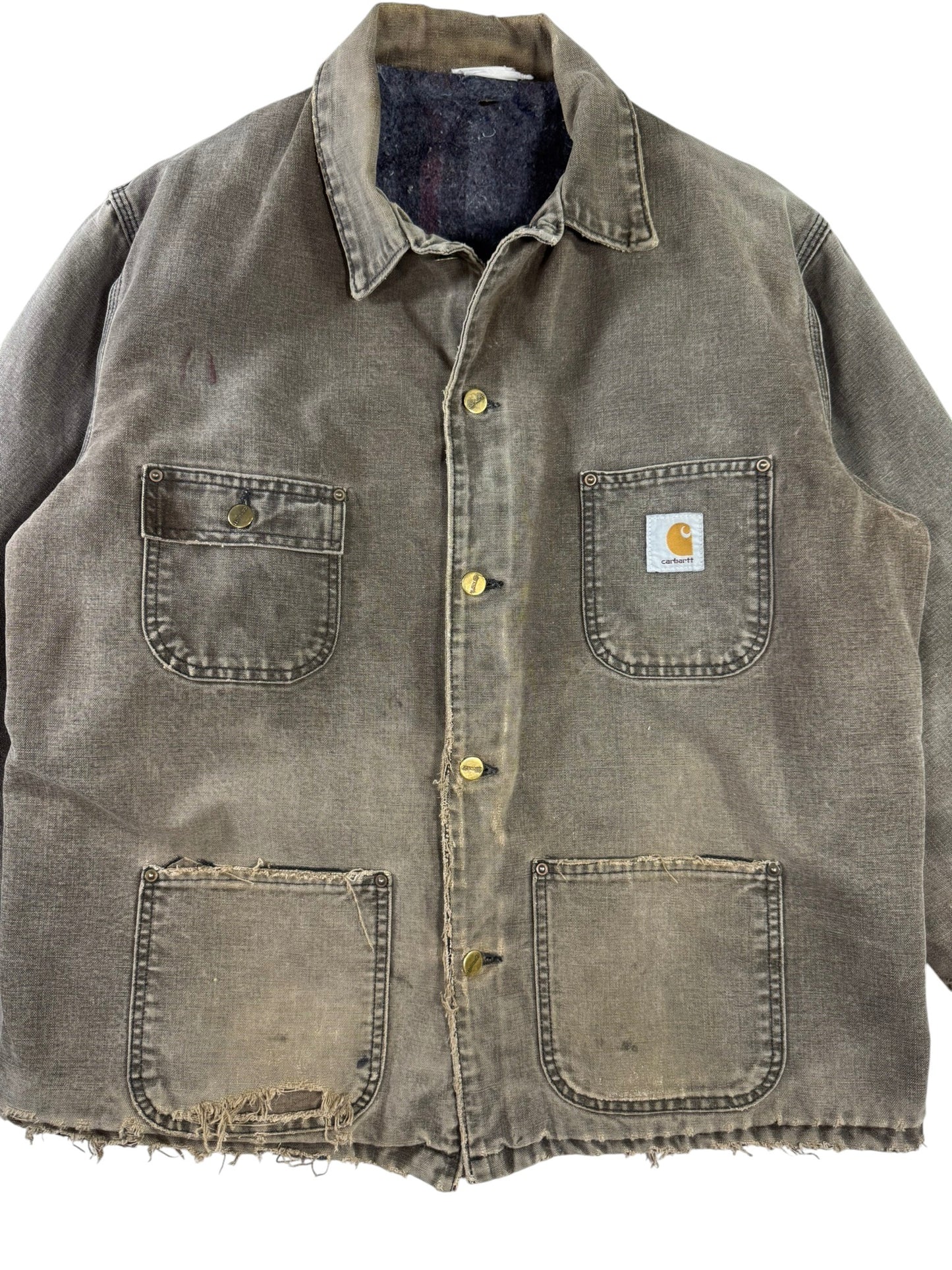 Vintage Carhartt C02CHT Faded Brown Canvas Blanket Lined Distressed Chore Coat XL