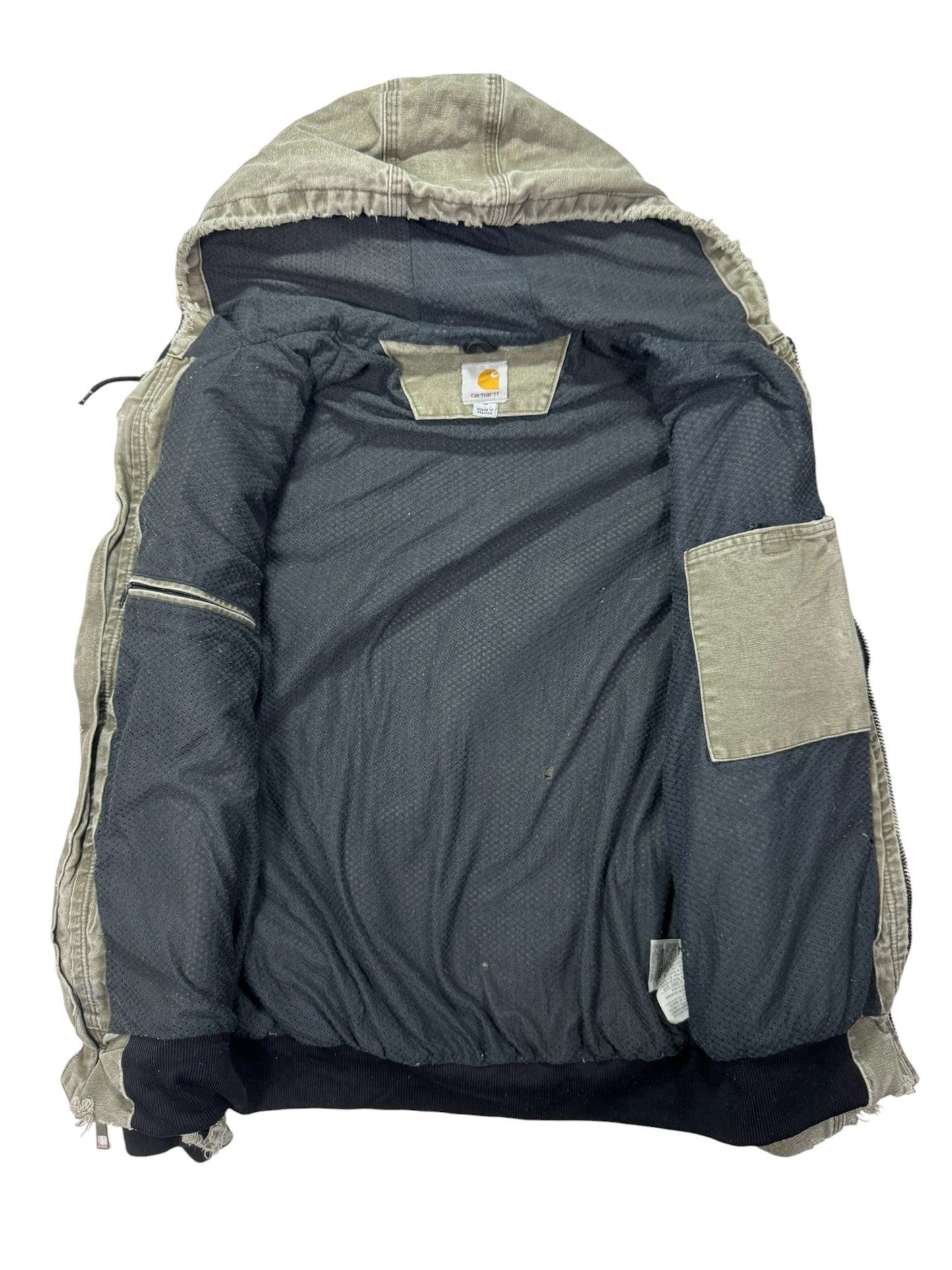 VTG Distressed Faded Carhartt J360 ARG Green Canvas Hooded Jacket Mesh Lined - M