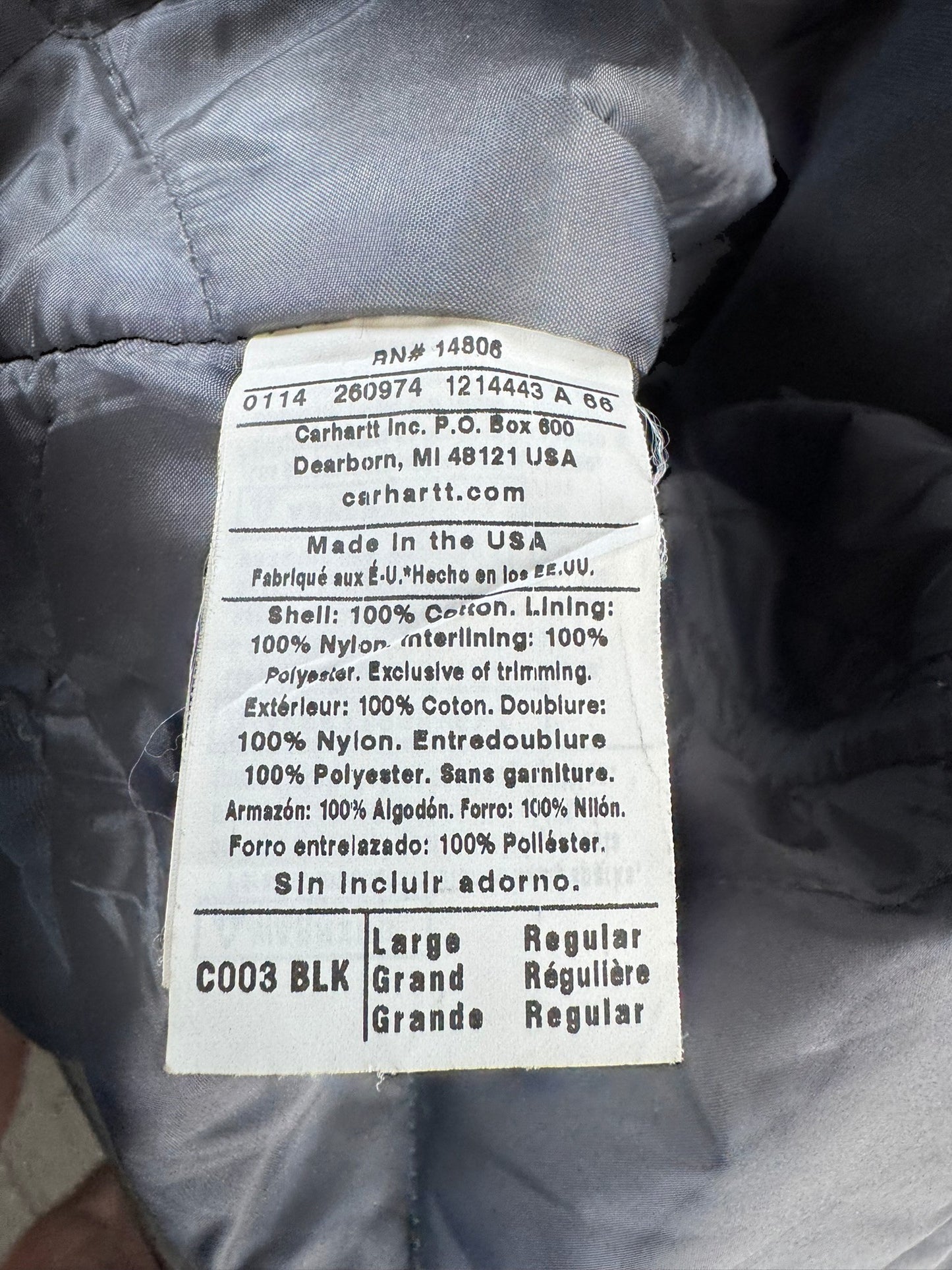 Carhartt C003 BLK Traditional Arctic Chore Jacket Black Duck Canvas USA Made L