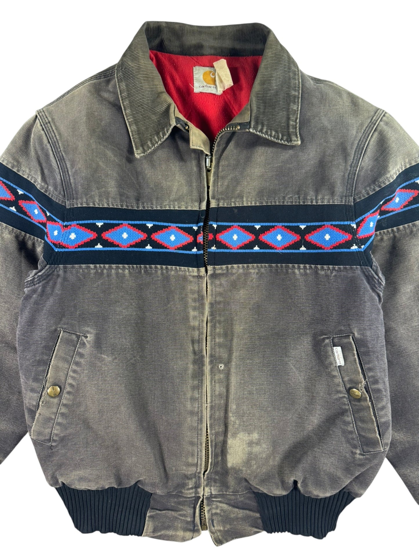 Faded Carhartt JQ035 Southwest Aztec Jacket Ruby Quilted Flannel 90s Sz M RARE