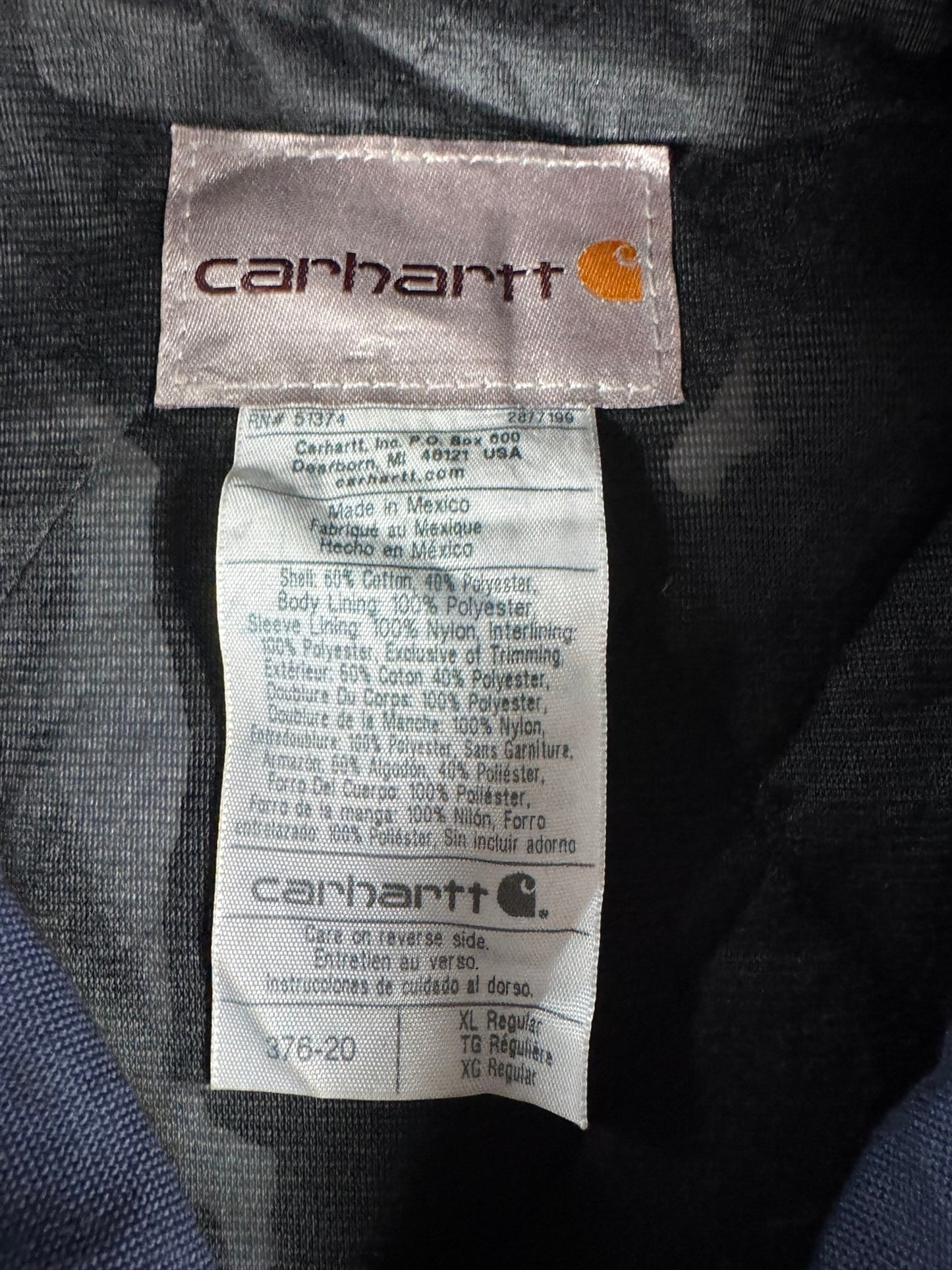 Vintage Carhartt 376-20 Navy Canvas Hooded Active Jacket Quilted Lining Men's XL