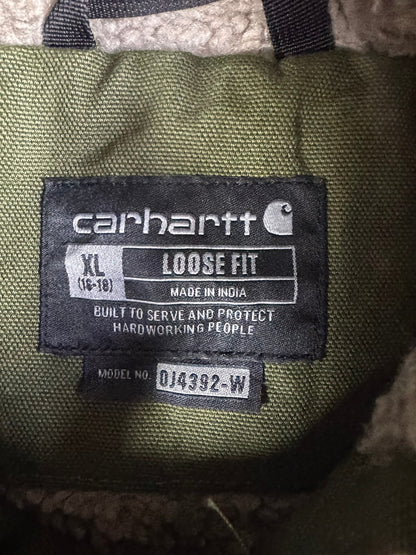 Carhartt Women's Green Sherpa Lined Canvas Duck Hooded Workwear Jacket XL 16-18