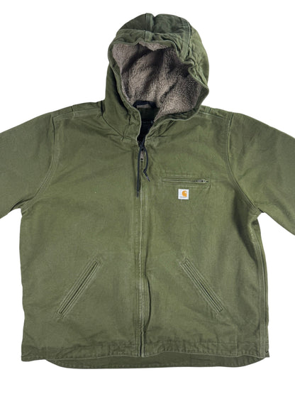 Carhartt Women's Green Sherpa Lined Canvas Duck Hooded Workwear Jacket XL 16-18