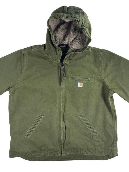 Carhartt Women's Green Sherpa Lined Canvas Duck Hooded Workwear Jacket XL 16-18