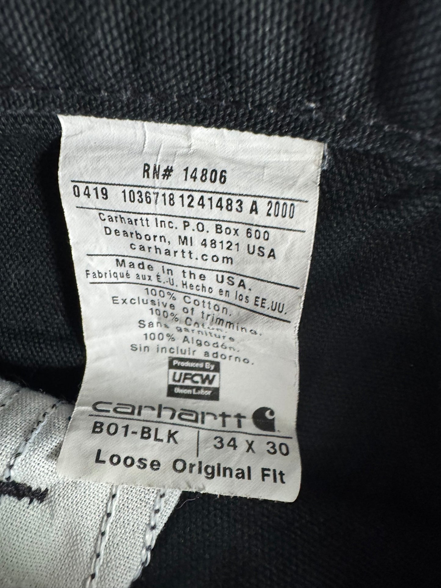Carhartt B01 BLK Double Knee Duck Canvas Work Pants Mens 34x30 (Fits 32x28)