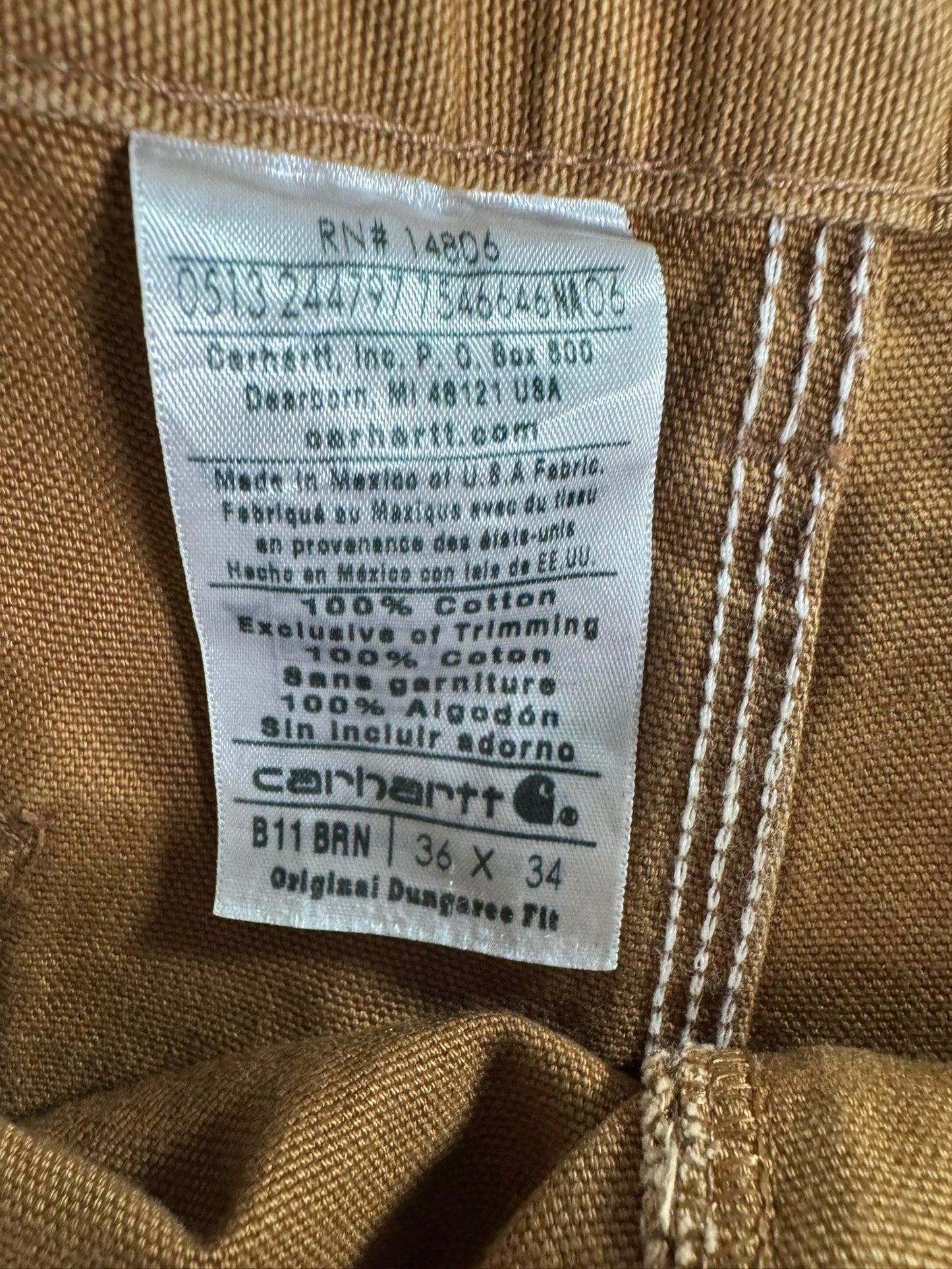 Carhartt B11 BRN Carpenter Pants Brown Duck Canvas Work Trousers Men's 34x34