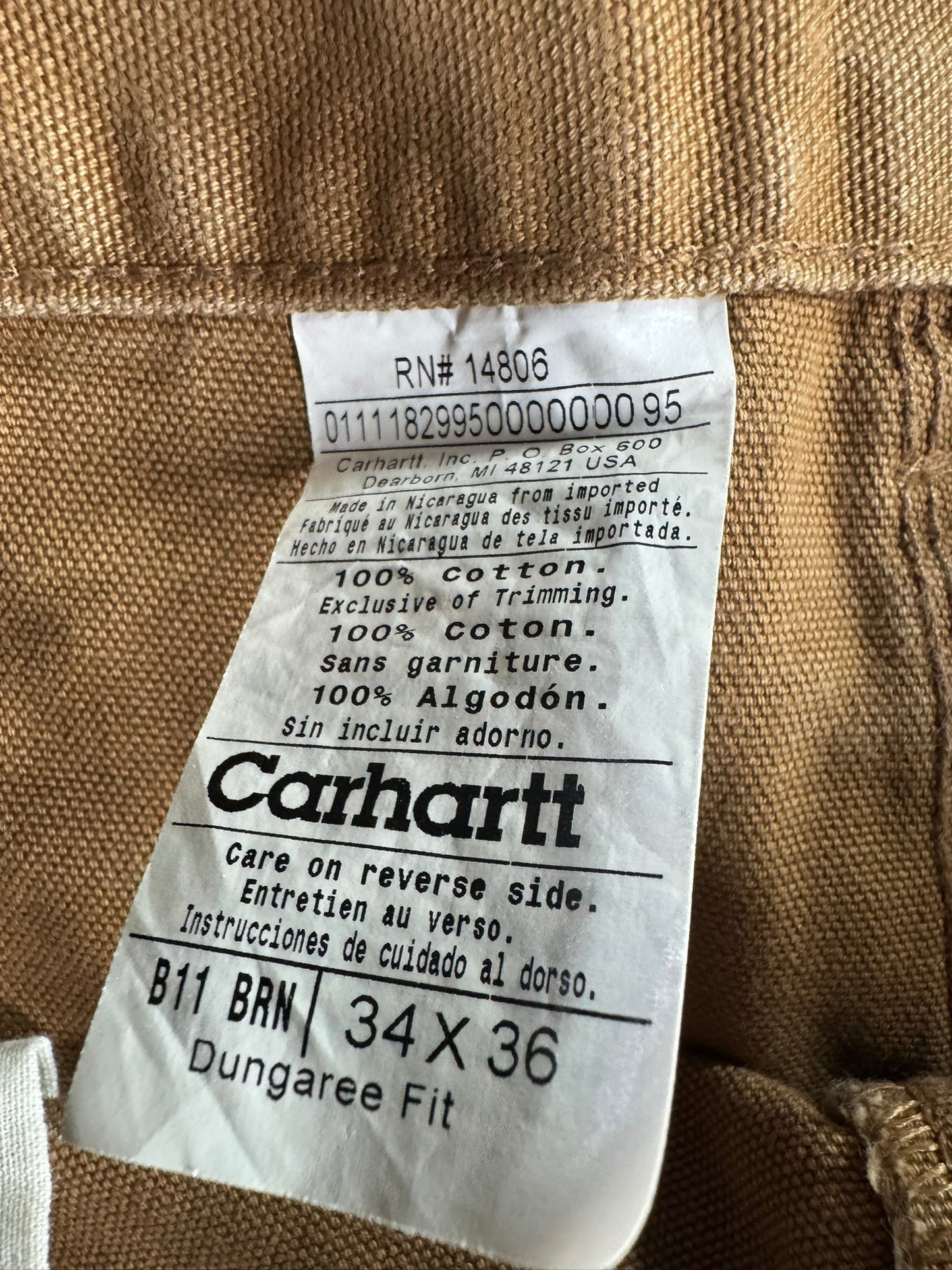 Carhartt B11 BRN Carpenter Pants Brown Duck Canvas Work Trousers Men's 34x35