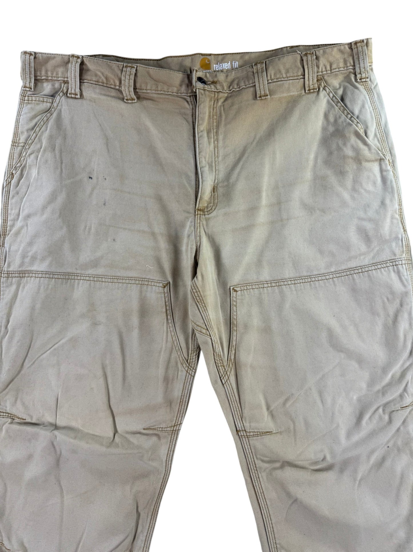Carhartt Double Knee Pants Mens 44x30 Sun Faded Tan Distressed Relaxed Fit Flex