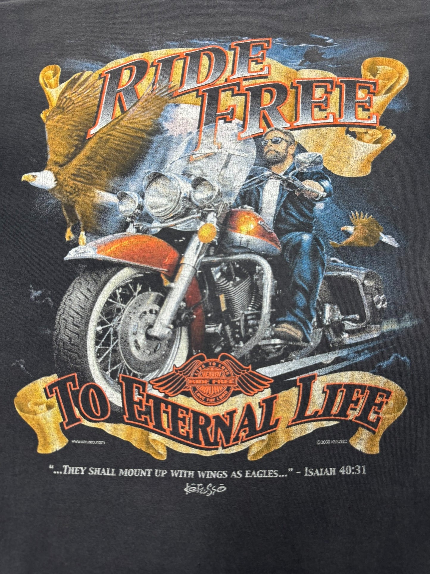 Vintage Kerusso “Ride Free to Eternal Life” Christian Biker Jesus Tee (L)