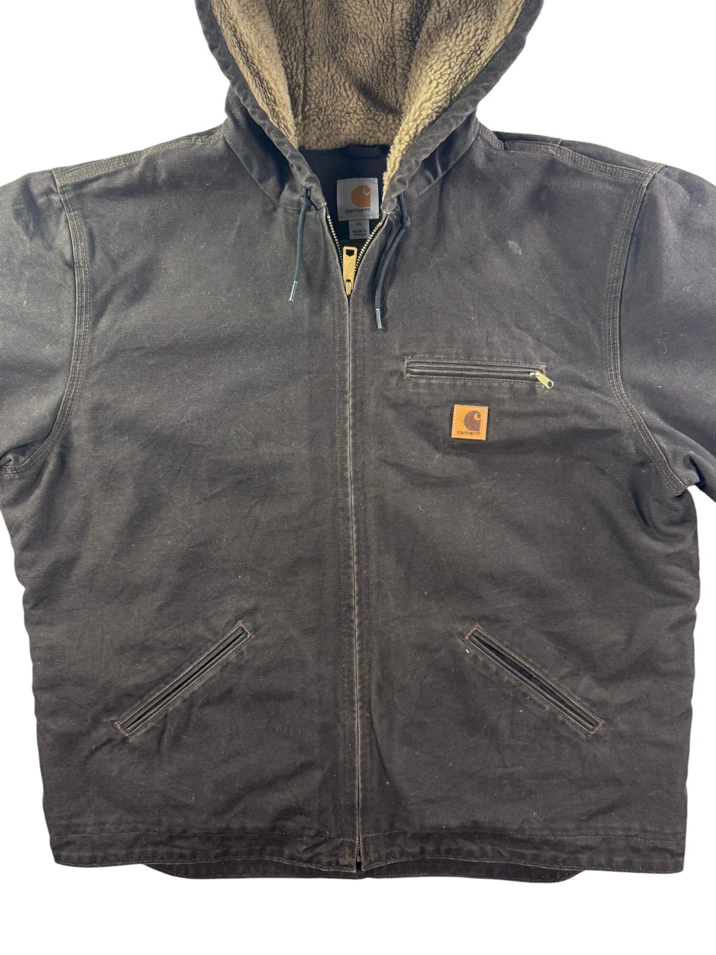 Carhartt J141 Sierra Jacket Hooded Sherpa Lined Full Zip Brown Workwear Mens  XL