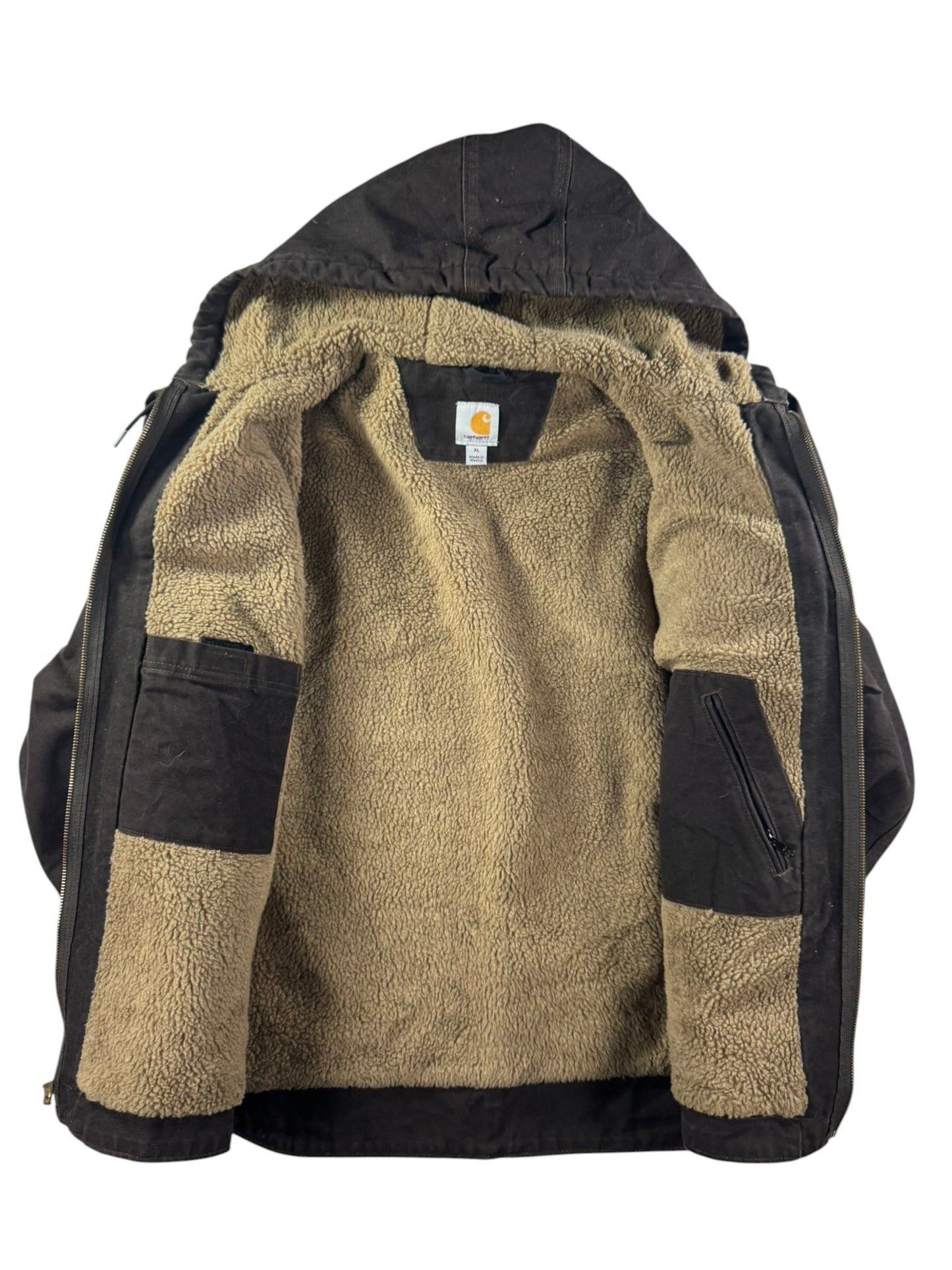 Carhartt J141 Sierra Jacket Hooded Sherpa Lined Full Zip Brown Workwear Mens  XL