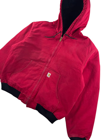 Carhartt J140 Red Canvas Active Bomber Jacket Hooded Workwear Men's Size  L