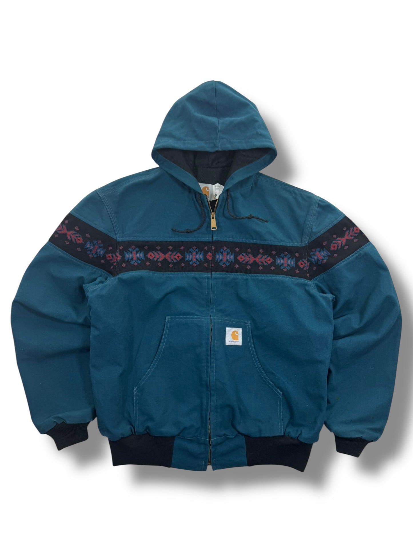 RARE Vintage Carhartt JR0055 Teal Aztec Hooded Active Jacket Made in USA Men's Sz. L