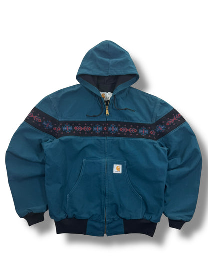 RARE Vintage Carhartt JR0055 Teal Aztec Hooded Active Jacket Made in USA Men's Sz. L