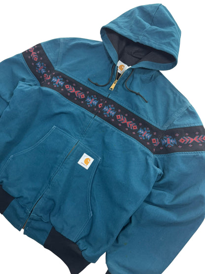 RARE Vintage Carhartt JR0055 Teal Aztec Hooded Active Jacket Made in USA Men's Sz. L