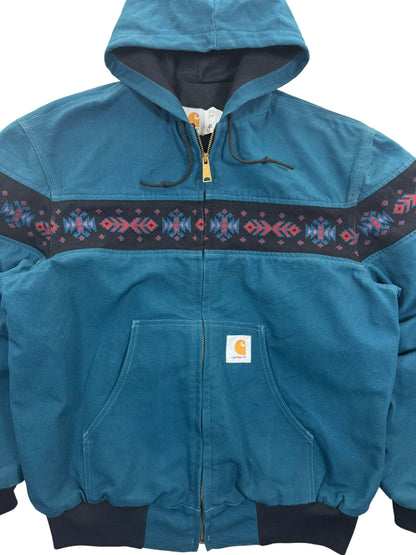 RARE Vintage Carhartt JR0055 Teal Aztec Hooded Active Jacket Made in USA Men's Sz. L