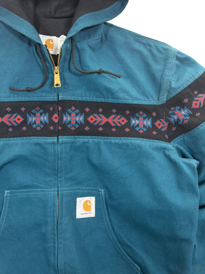 RARE Vintage Carhartt JR0055 Teal Aztec Hooded Active Jacket Made in USA Men's Sz. L