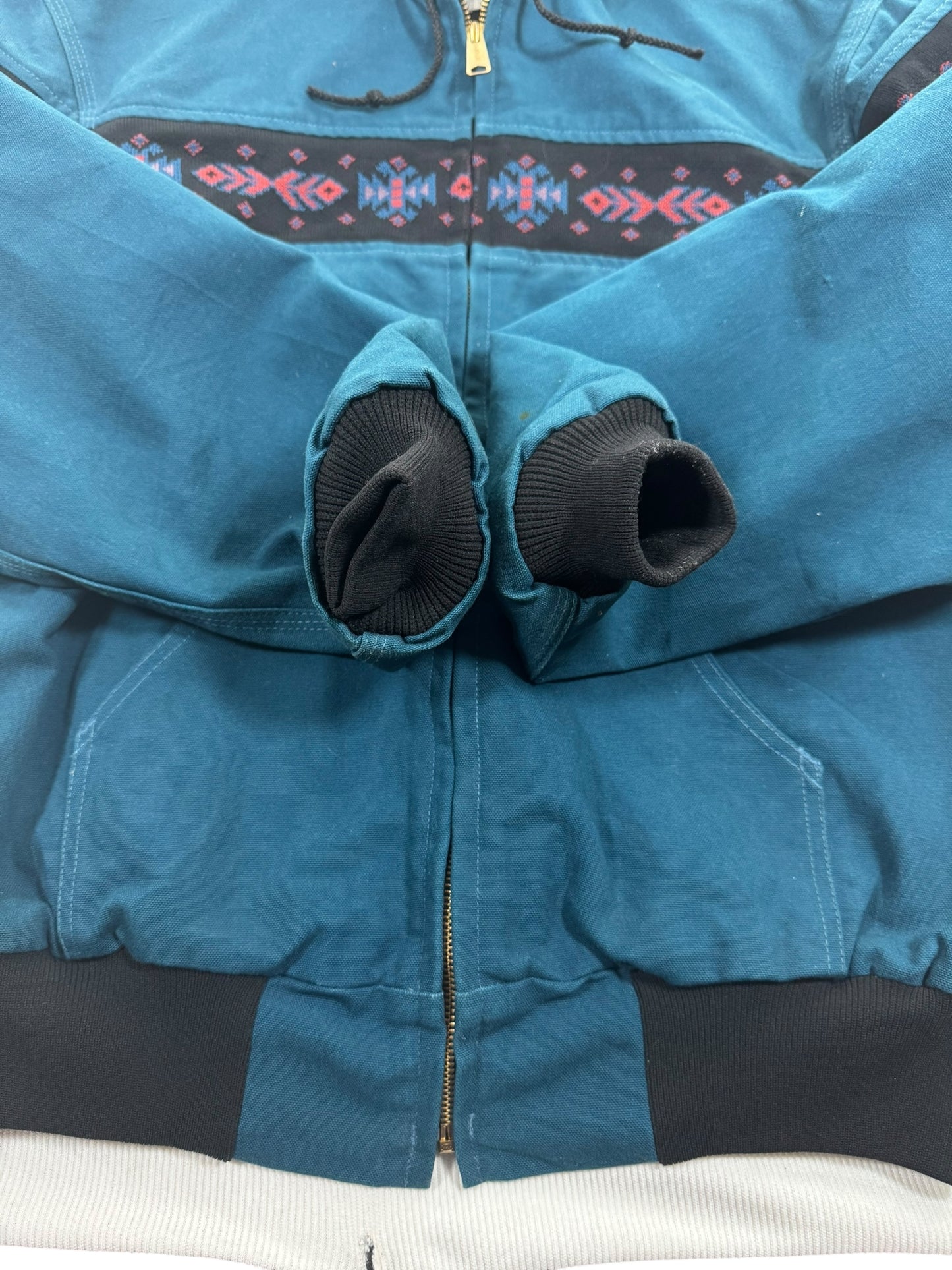 RARE Vintage Carhartt JR0055 Teal Aztec Hooded Active Jacket Made in USA Men's Sz. L