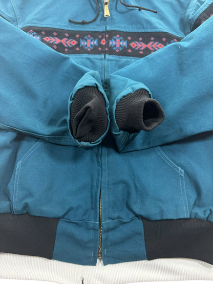 RARE Vintage Carhartt JR0055 Teal Aztec Hooded Active Jacket Made in USA Men's Sz. L